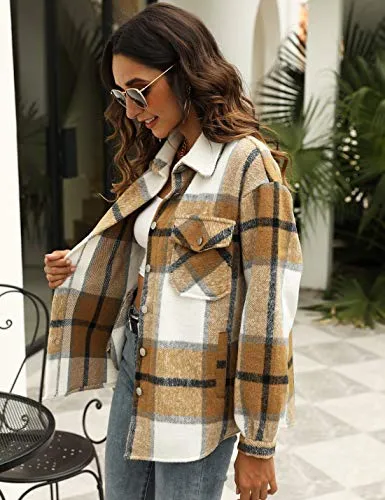 Uaneo Womens Casual Plaid Wool Blend Button Down Long Sleeve Shirt Jacket Shackets（Khaki-S）
