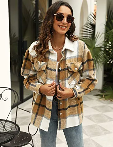Uaneo Womens Casual Plaid Wool Blend Button Down Long Sleeve Shirt Jacket Shackets（Khaki-S）