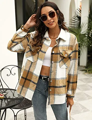 Uaneo Womens Casual Plaid Wool Blend Button Down Long Sleeve Shirt Jacket Shackets（Khaki-S）