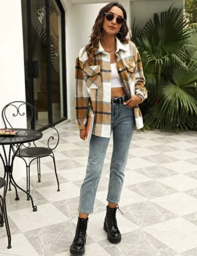 Uaneo Womens Casual Plaid Wool Blend Button Down Long Sleeve Shirt Jacket Shackets（Khaki-S）