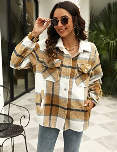 Uaneo Womens Casual Plaid Wool Blend Button Down Long Sleeve Shirt Jacket Shackets（Khaki-S）
