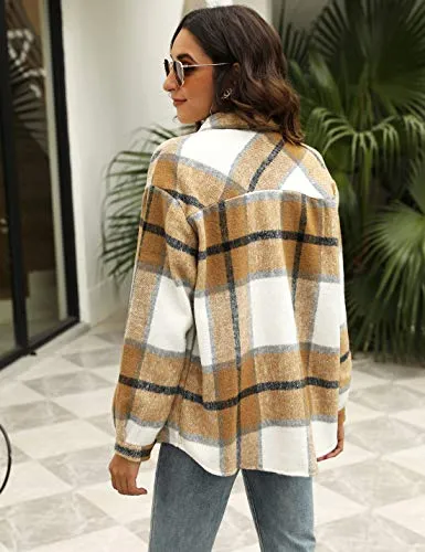 Uaneo Womens Casual Plaid Wool Blend Button Down Long Sleeve Shirt Jacket Shackets（Khaki-S）
