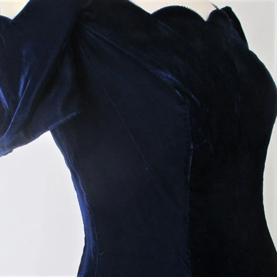 Vintage 90s Blue Velvet Off Shoulder Mini Party Dress S