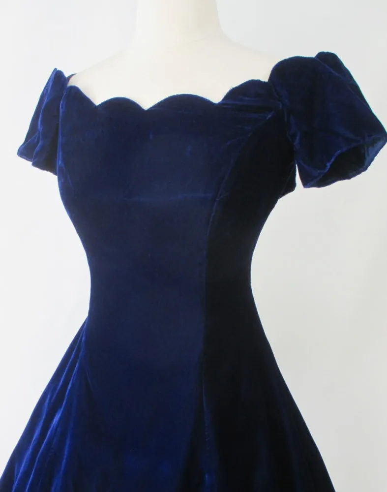Vintage 90s Blue Velvet Off Shoulder Mini Party Dress S