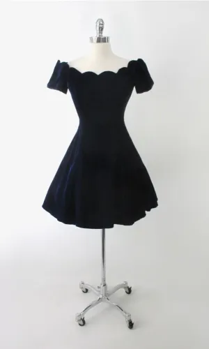 Vintage 90s Blue Velvet Off Shoulder Mini Party Dress S
