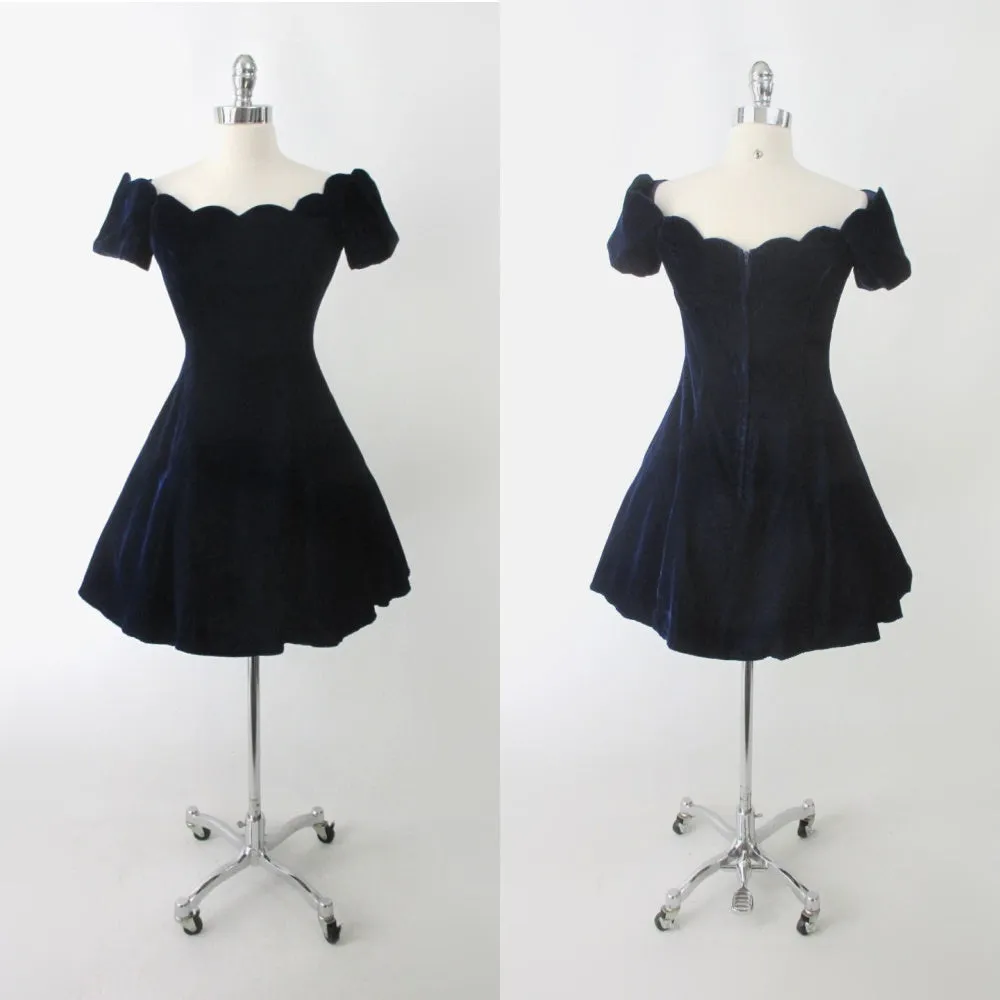Vintage 90s Blue Velvet Off Shoulder Mini Party Dress S