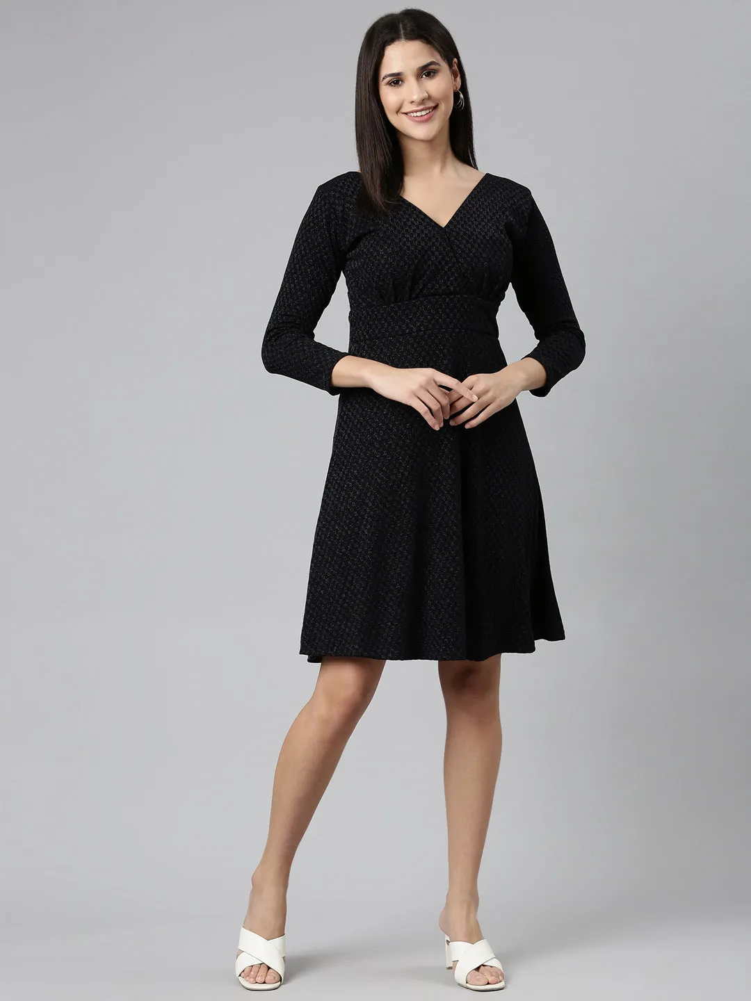 Women Black V-Neck Long Sleeves Fit and Flare Dress