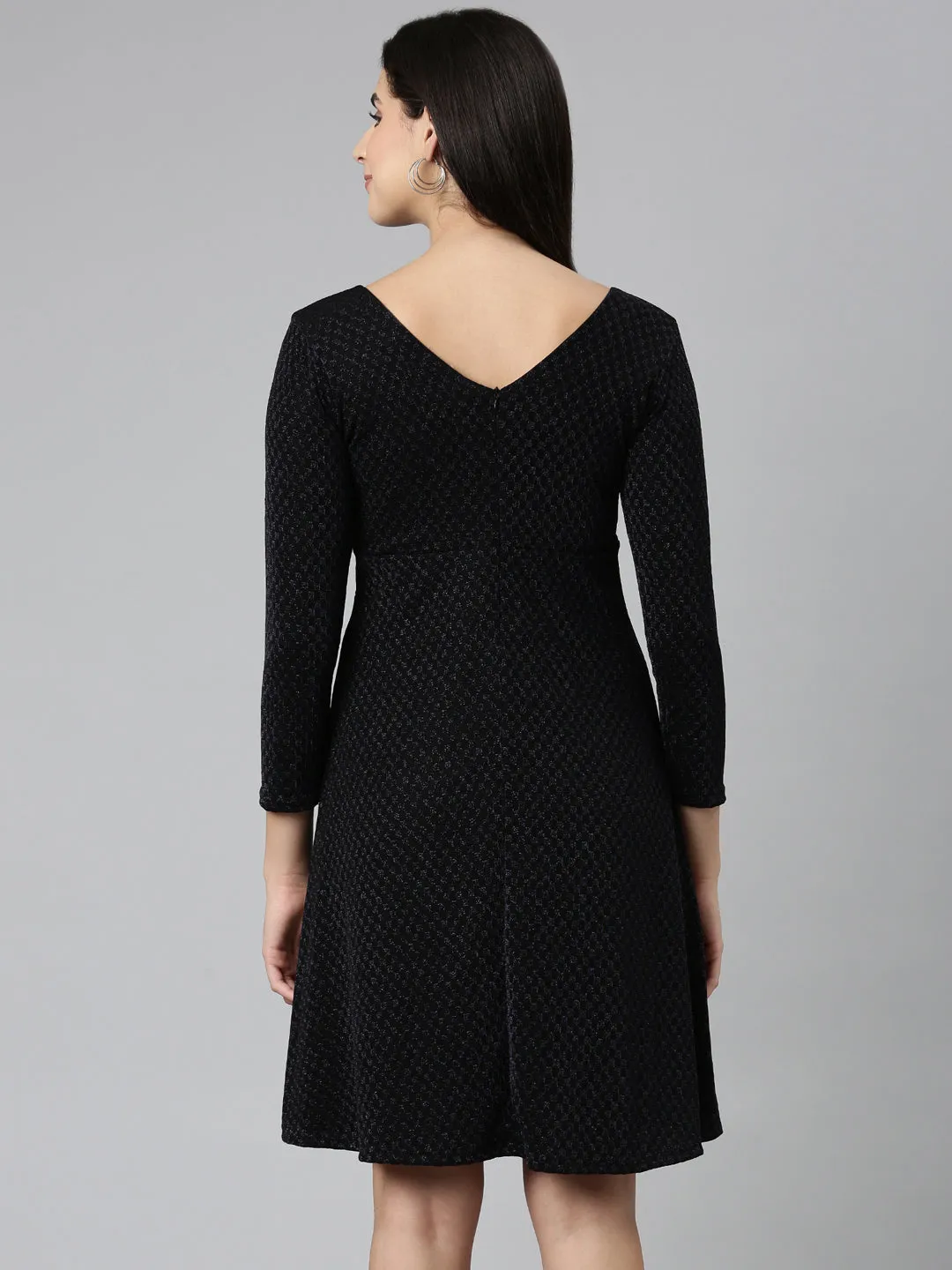 Women Black V-Neck Long Sleeves Fit and Flare Dress