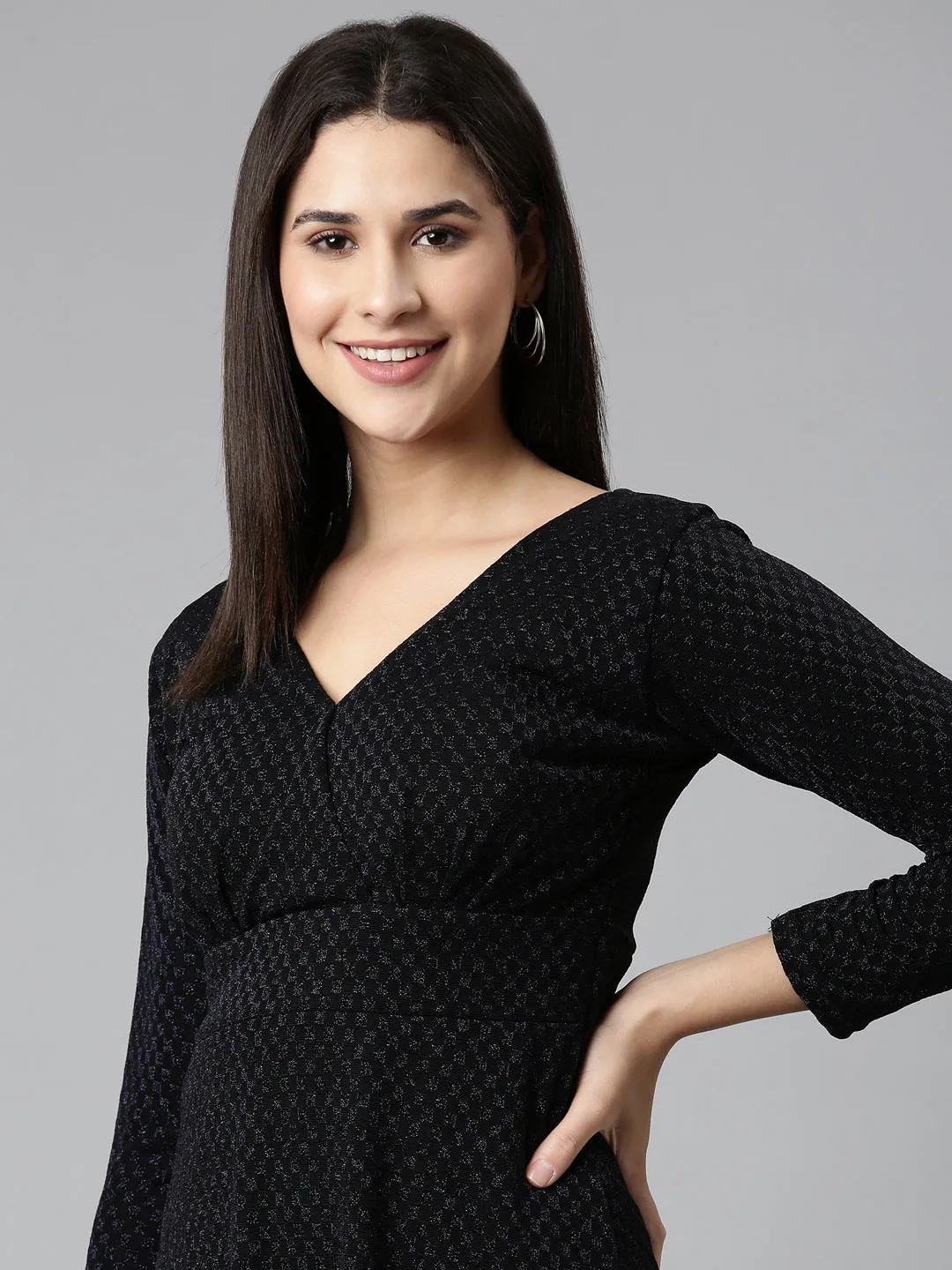 Women Black V-Neck Long Sleeves Fit and Flare Dress