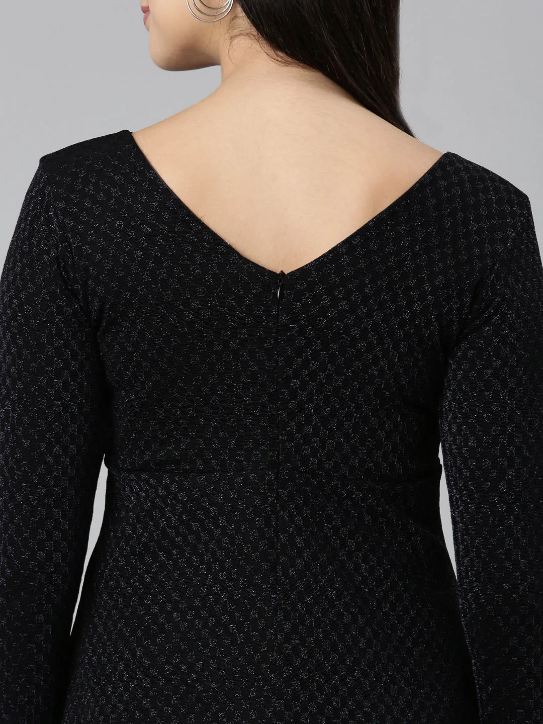 Women Black V-Neck Long Sleeves Fit and Flare Dress