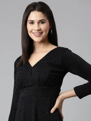 Women Black V-Neck Long Sleeves Fit and Flare Dress