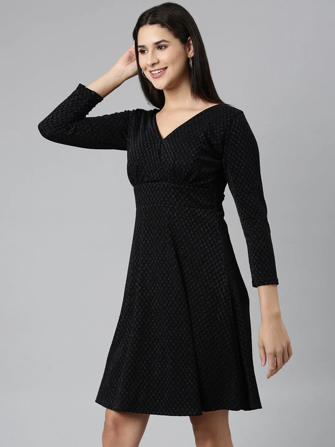 Women Black V-Neck Long Sleeves Fit and Flare Dress