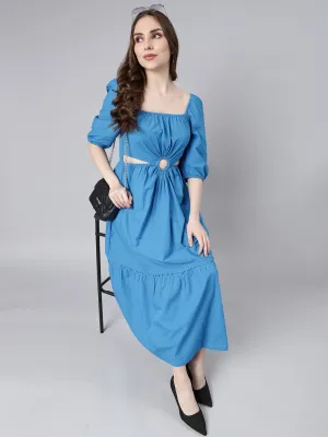 Women Blue Cotton Square Neck Puff Sleeve Fit and Flare Dress
