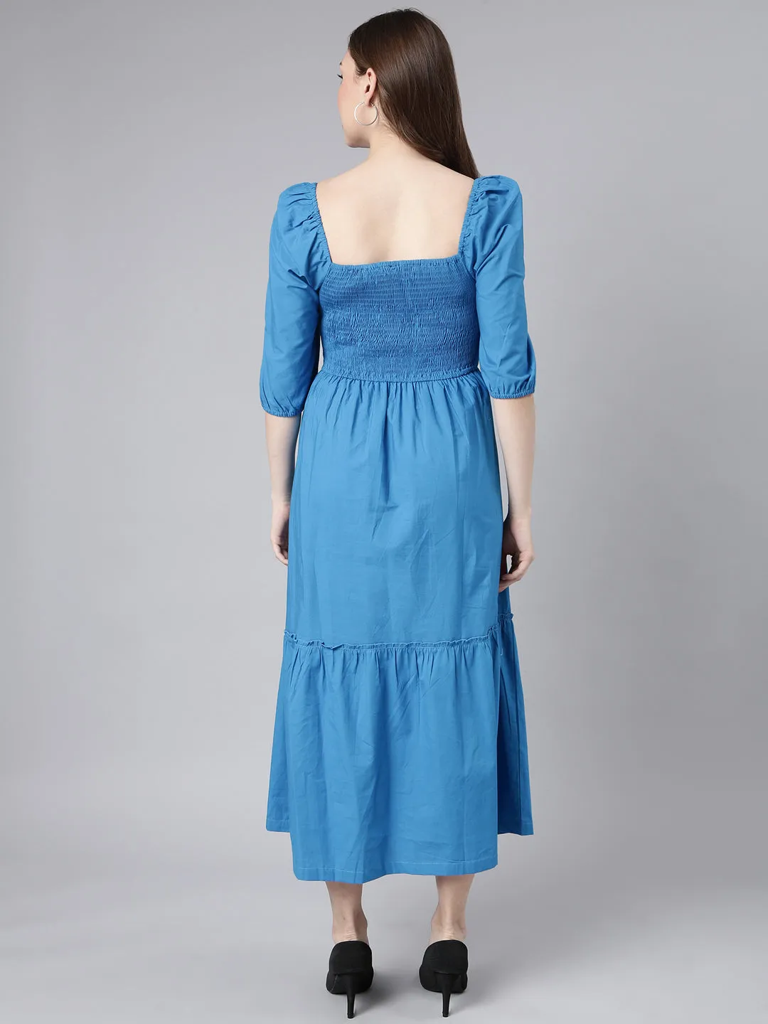 Women Blue Cotton Square Neck Puff Sleeve Fit and Flare Dress