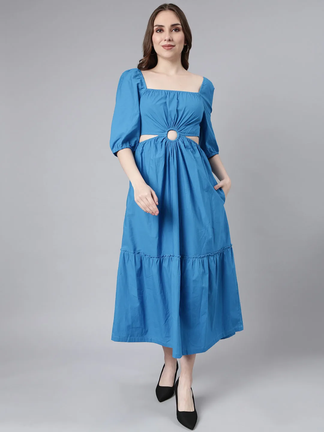 Women Blue Cotton Square Neck Puff Sleeve Fit and Flare Dress