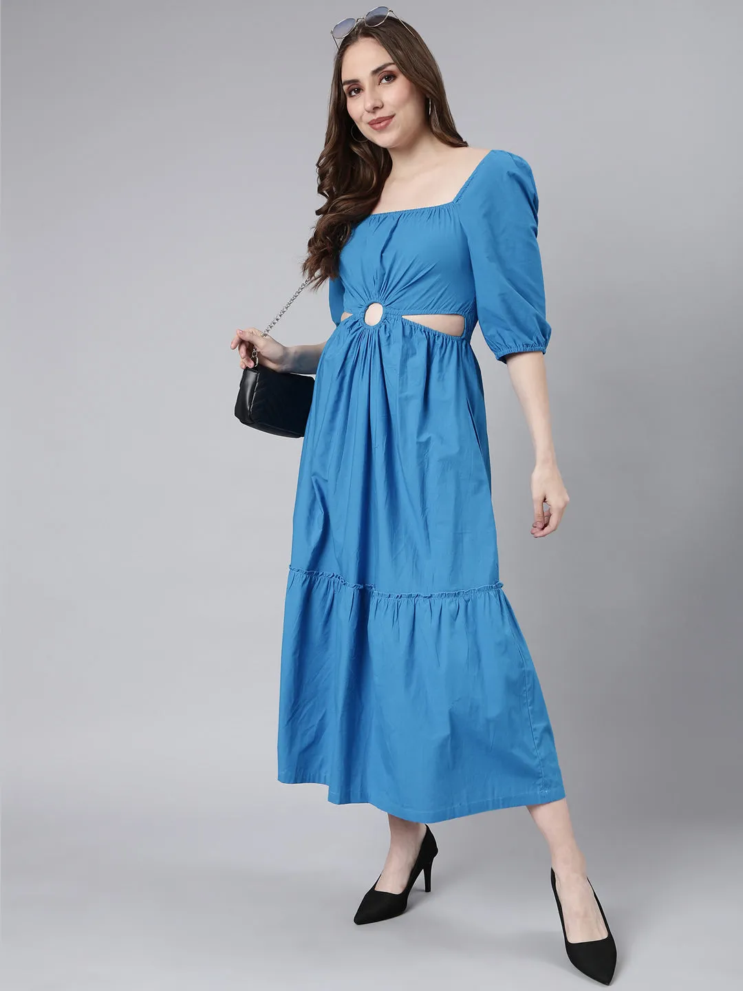 Women Blue Cotton Square Neck Puff Sleeve Fit and Flare Dress