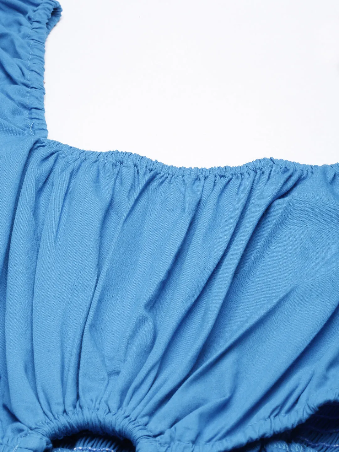 Women Blue Cotton Square Neck Puff Sleeve Fit and Flare Dress