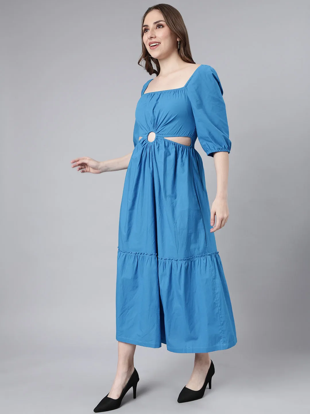 Women Blue Cotton Square Neck Puff Sleeve Fit and Flare Dress