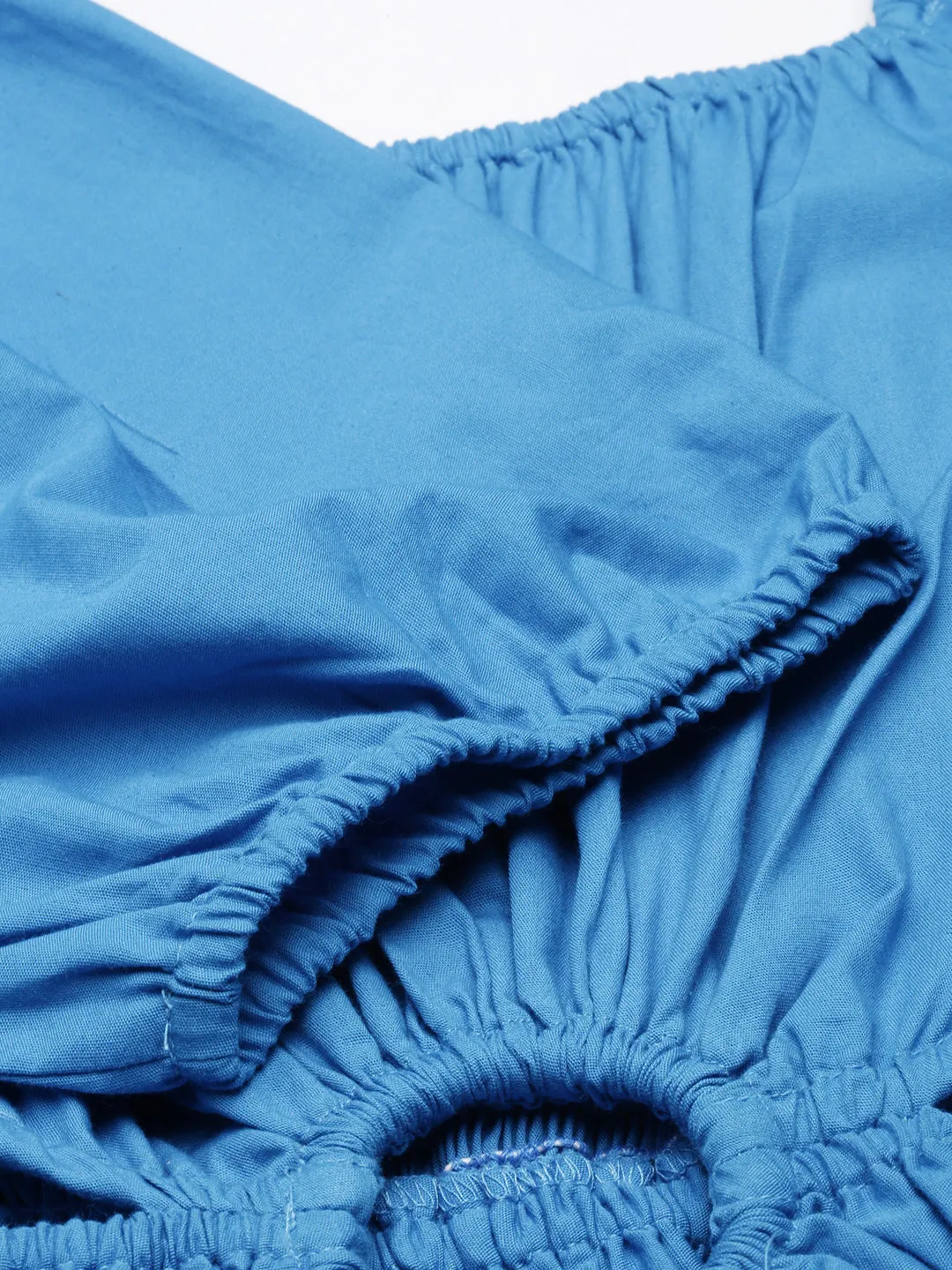 Women Blue Cotton Square Neck Puff Sleeve Fit and Flare Dress