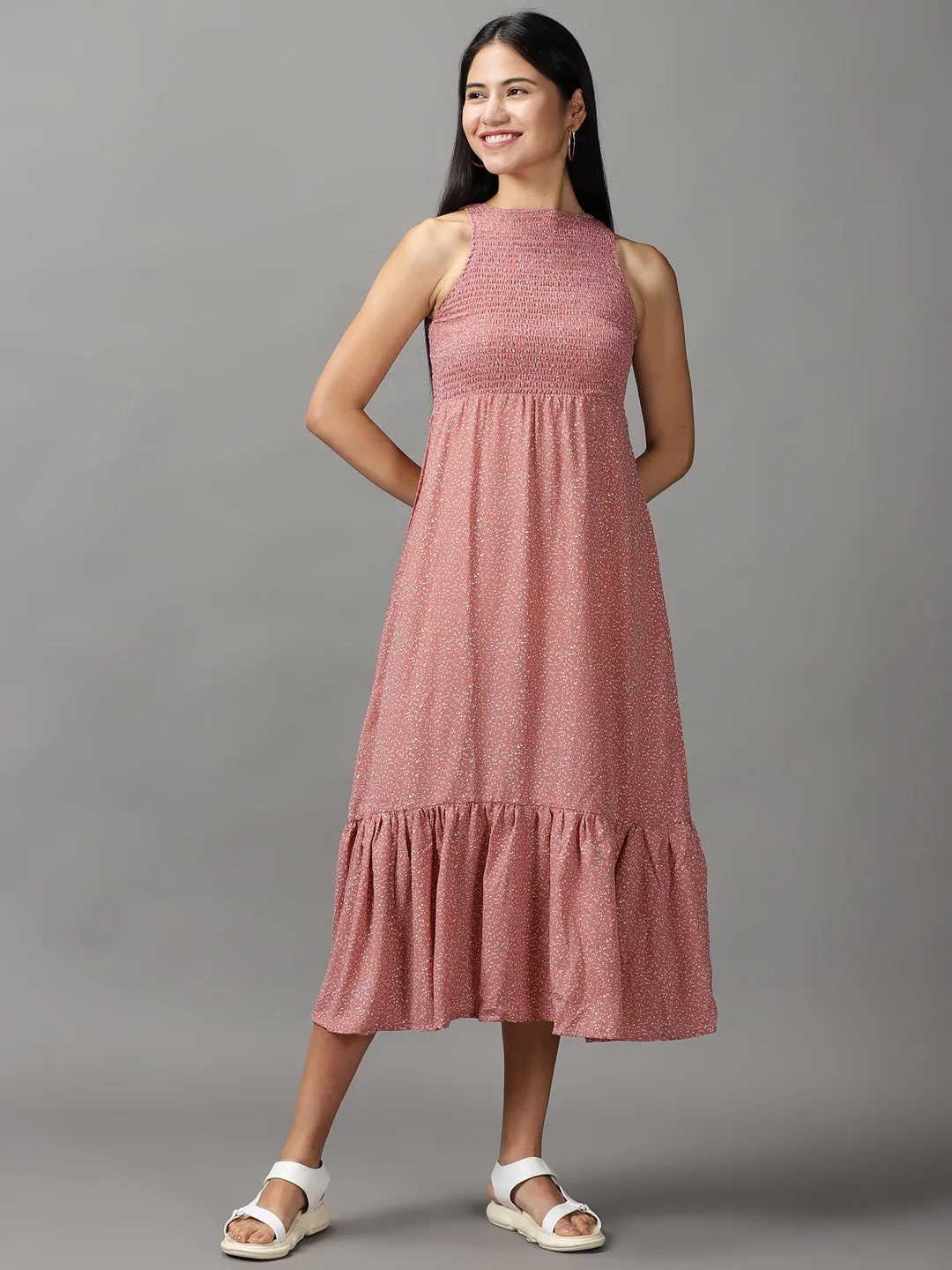 Women Mauve Crepe Fit and Flare Midi Dress