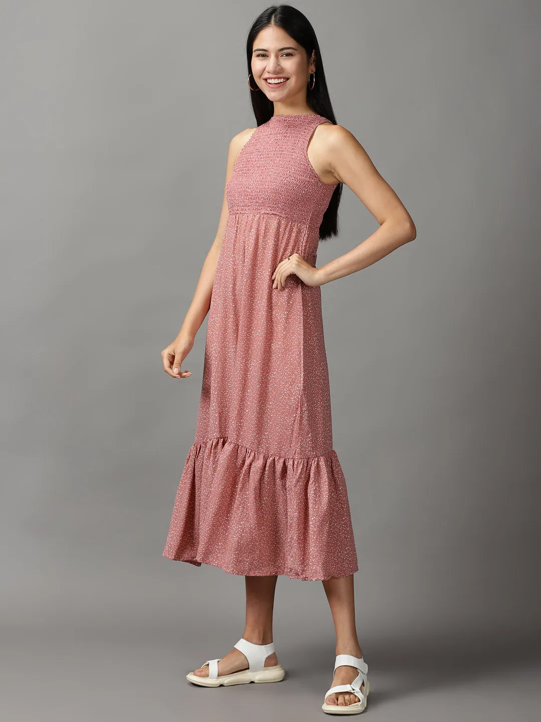 Women Mauve Crepe Fit and Flare Midi Dress