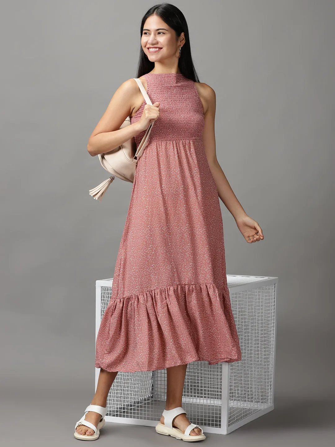 Women Mauve Crepe Fit and Flare Midi Dress