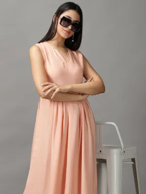 Women Peach Sleeveless Fit and Flare Round Neck Maxi Dress