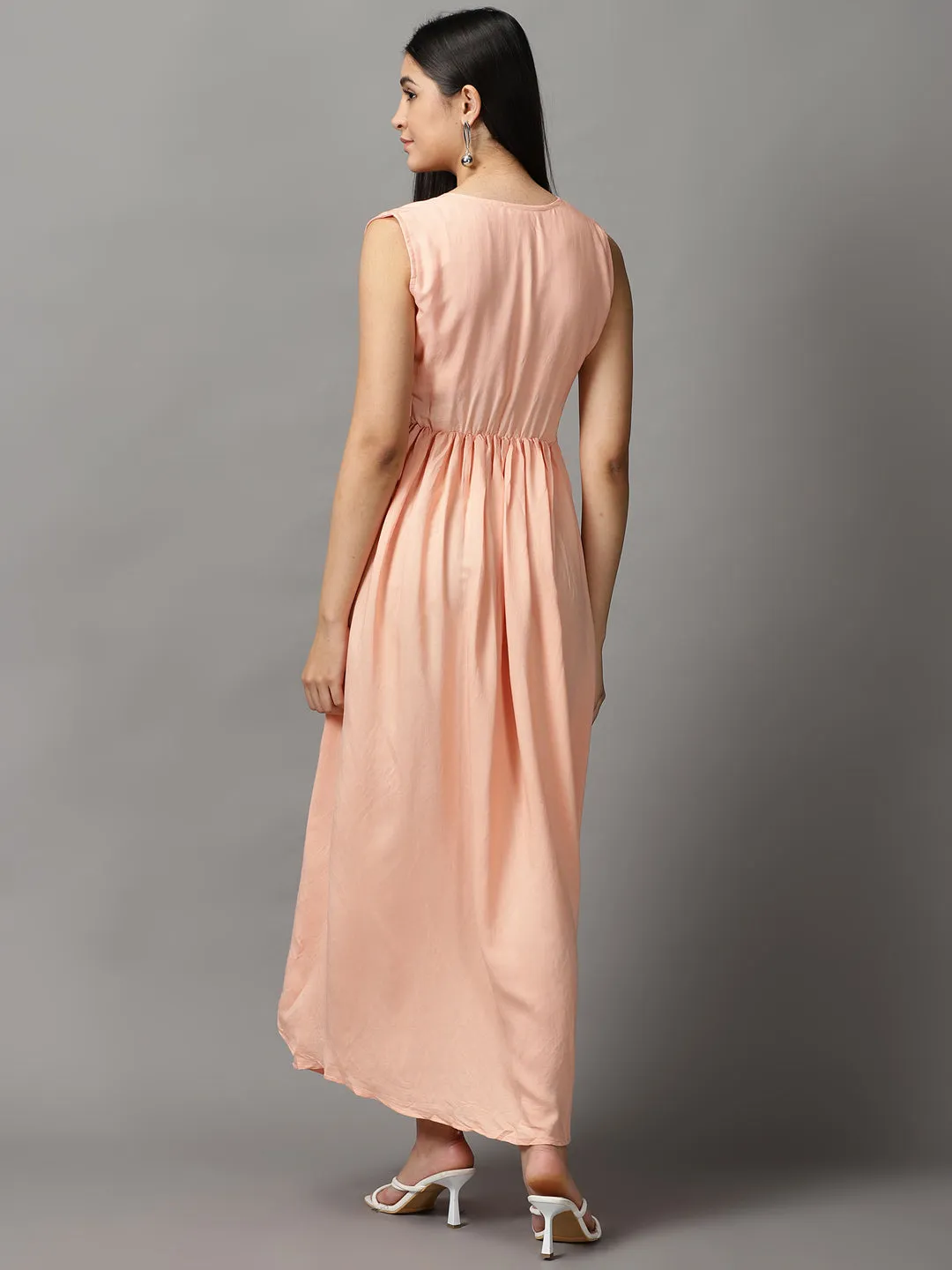 Women Peach Sleeveless Fit and Flare Round Neck Maxi Dress