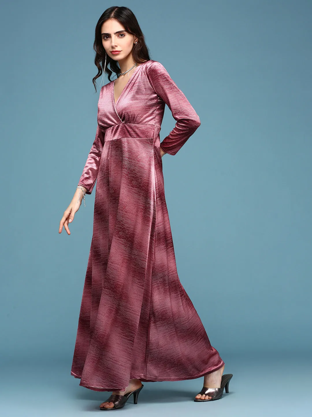 Women Peach V-Neck Fit and Flare Maxi Dress
