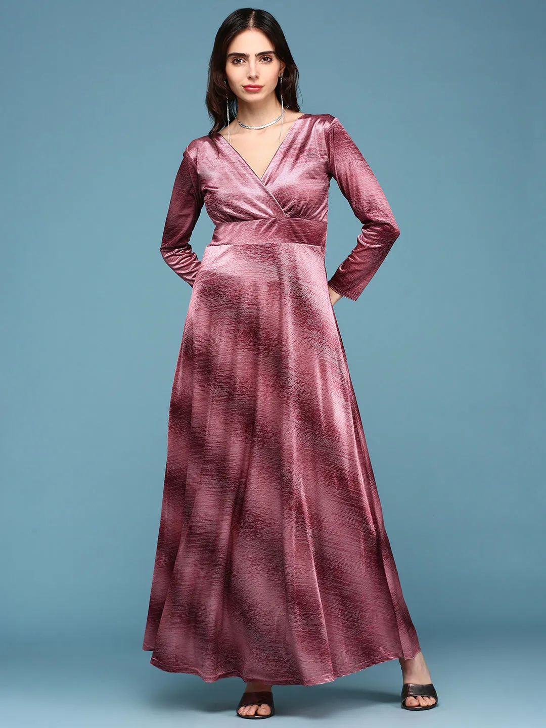 Women Peach V-Neck Fit and Flare Maxi Dress