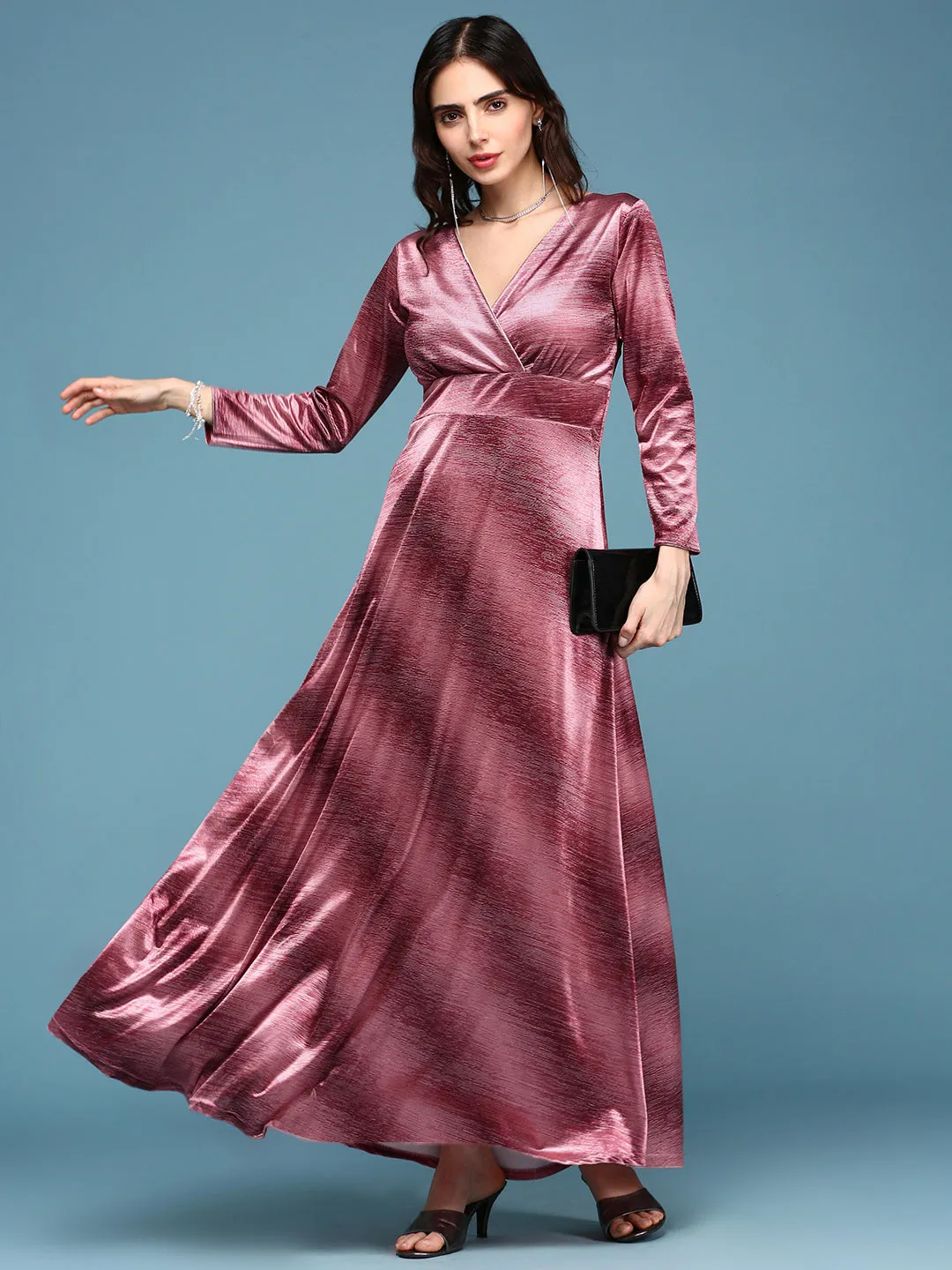 Women Peach V-Neck Fit and Flare Maxi Dress