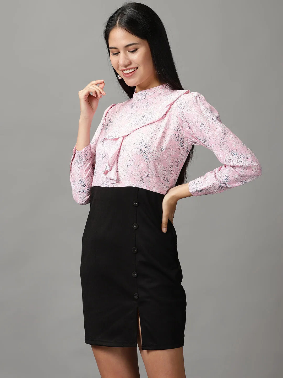 Women Pink Abstract Printed Fit and Flare Dress