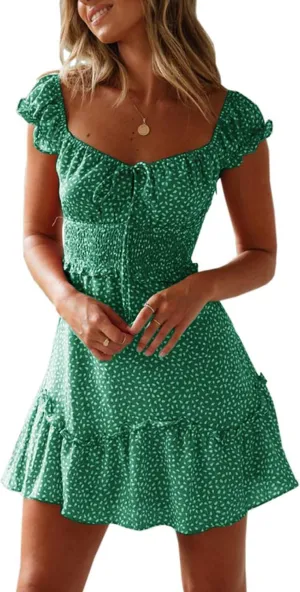 Women Summer Mini Dress Sweetheart Neckline Ruffle Sleeve Printing A-Line Dresses Flowy Vacation Beach Short Dress