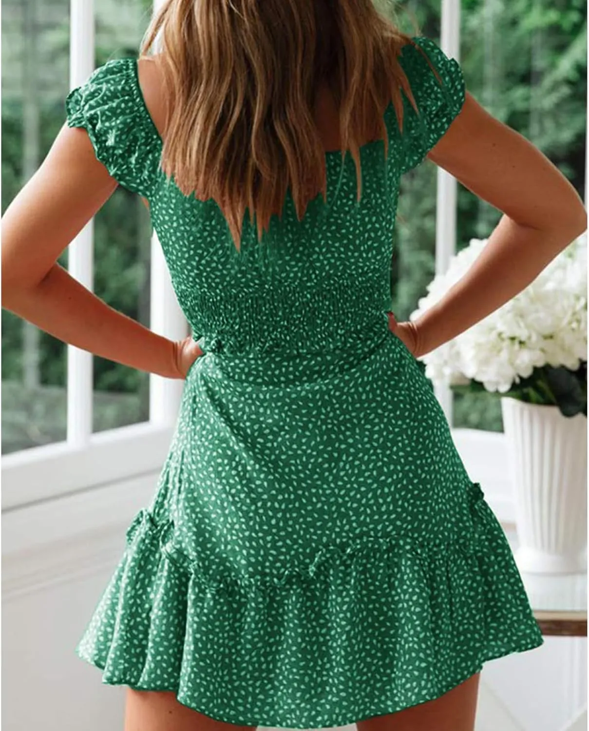 Women Summer Mini Dress Sweetheart Neckline Ruffle Sleeve Printing A-Line Dresses Flowy Vacation Beach Short Dress