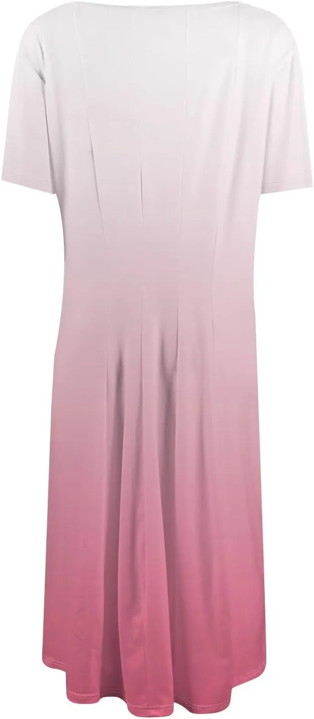 Womens Dresses 2025 Summer Cinch Waist Crewneck Short Sleeve A Line Dress Side Pockets Midi Sun Dress Vacation