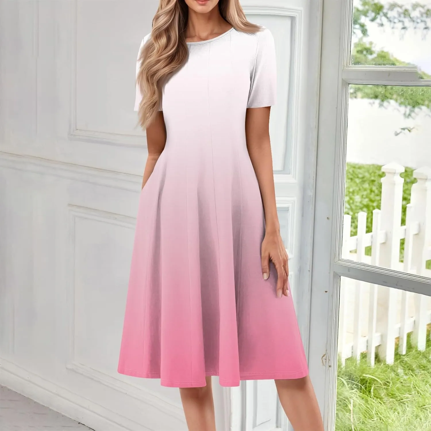 Womens Dresses 2025 Summer Cinch Waist Crewneck Short Sleeve A Line Dress Side Pockets Midi Sun Dress Vacation