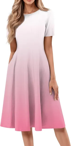 Womens Dresses 2025 Summer Cinch Waist Crewneck Short Sleeve A Line Dress Side Pockets Midi Sun Dress Vacation
