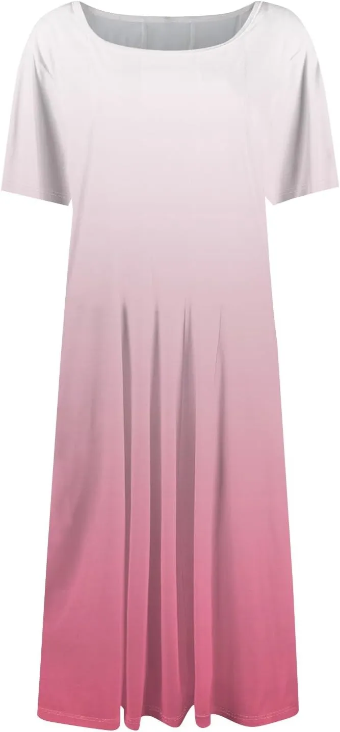 Womens Dresses 2025 Summer Cinch Waist Crewneck Short Sleeve A Line Dress Side Pockets Midi Sun Dress Vacation