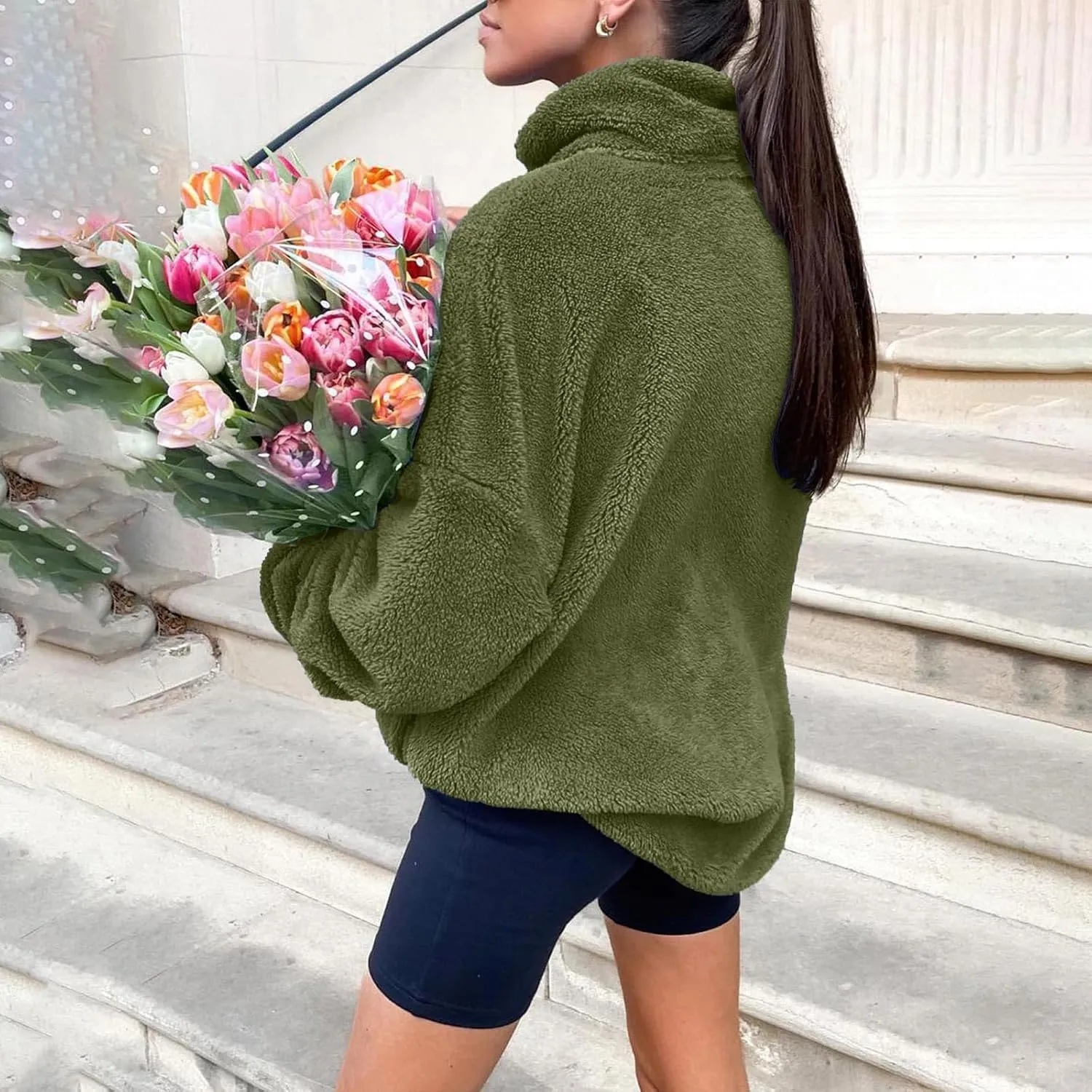 Womens Half Zip Sherpa Pullover Fuzzy Fleece Oversized Sweatshirts Long Sleeve Winter Warm Outerwear With Pockets