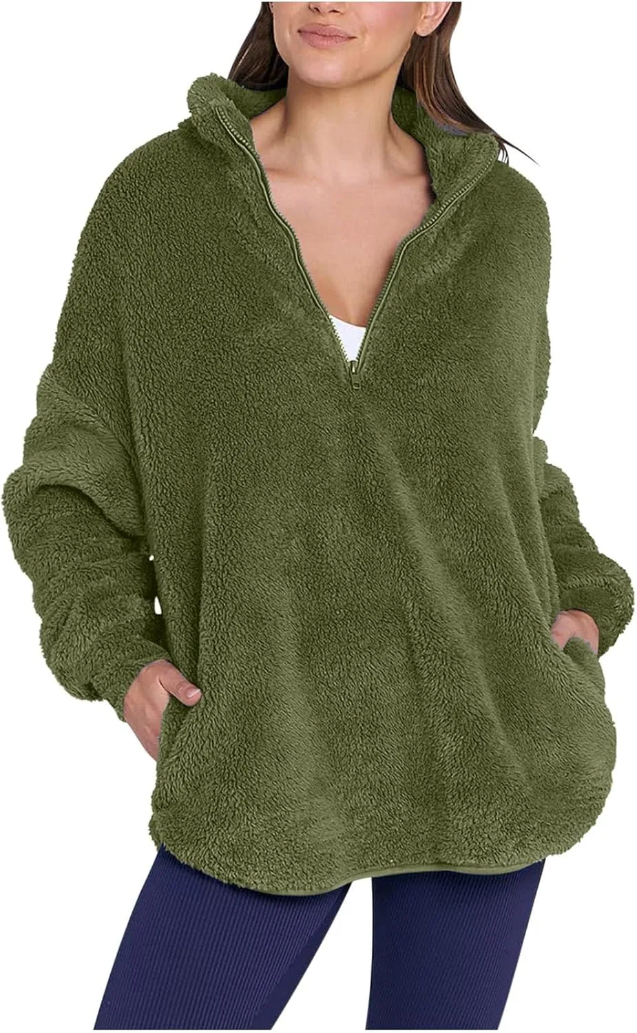 Womens Half Zip Sherpa Pullover Fuzzy Fleece Oversized Sweatshirts Long Sleeve Winter Warm Outerwear With Pockets