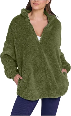 Womens Half Zip Sherpa Pullover Fuzzy Fleece Oversized Sweatshirts Long Sleeve Winter Warm Outerwear With Pockets