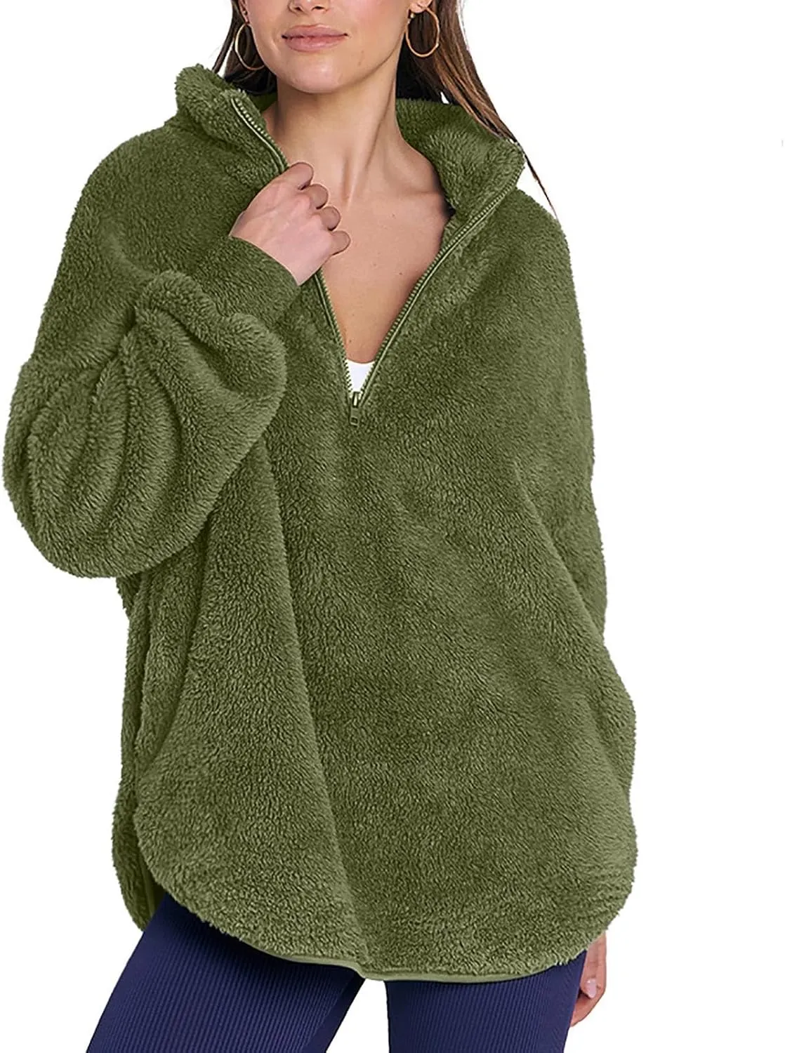 Womens Half Zip Sherpa Pullover Fuzzy Fleece Oversized Sweatshirts Long Sleeve Winter Warm Outerwear With Pockets