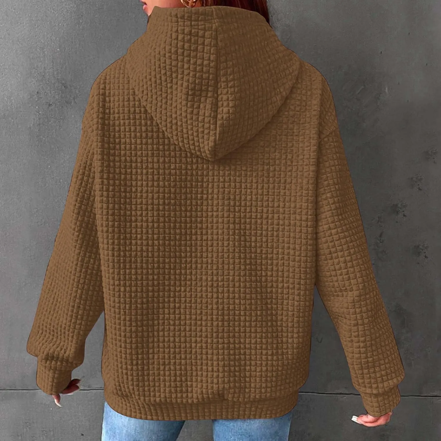 Womens Hoodies Fashion Solid Color Tops Long Sleeve Casual Loose Fitted Sweatshirt Pocket Drawstring Pullover