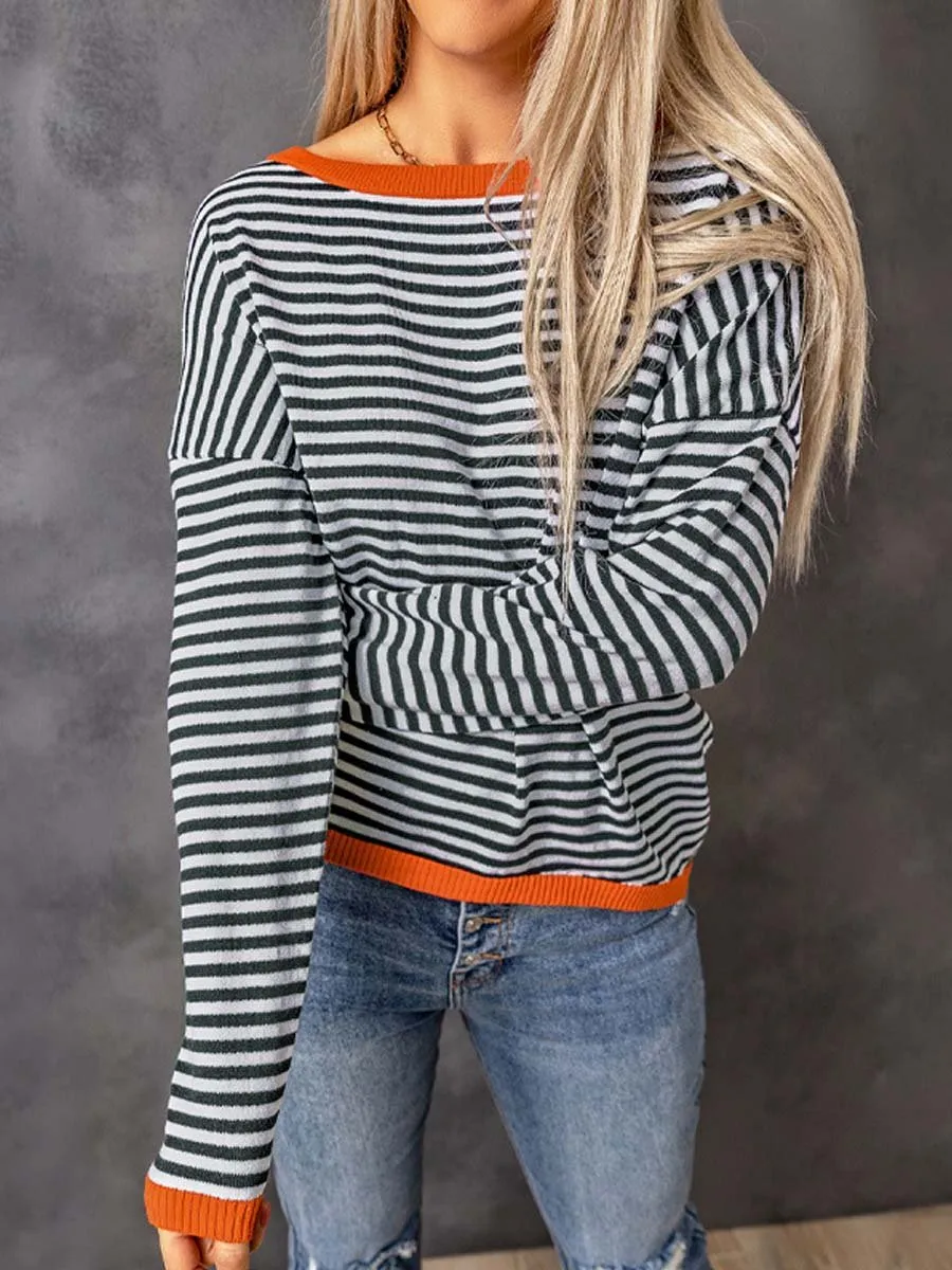 Women's Knitted Sweater with Contrast Stripes and Dropped Shoulders