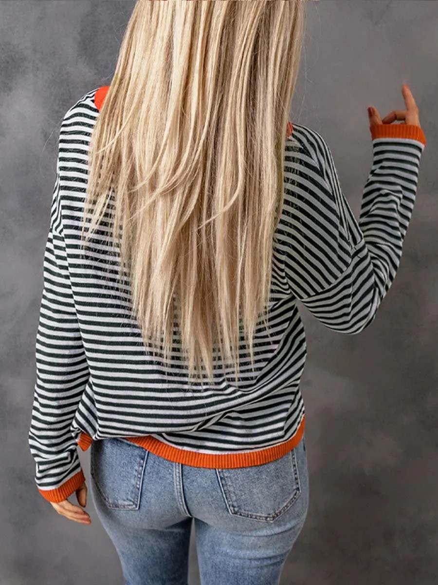 Women's Knitted Sweater with Contrast Stripes and Dropped Shoulders