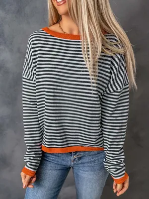 Women's Knitted Sweater with Contrast Stripes and Dropped Shoulders