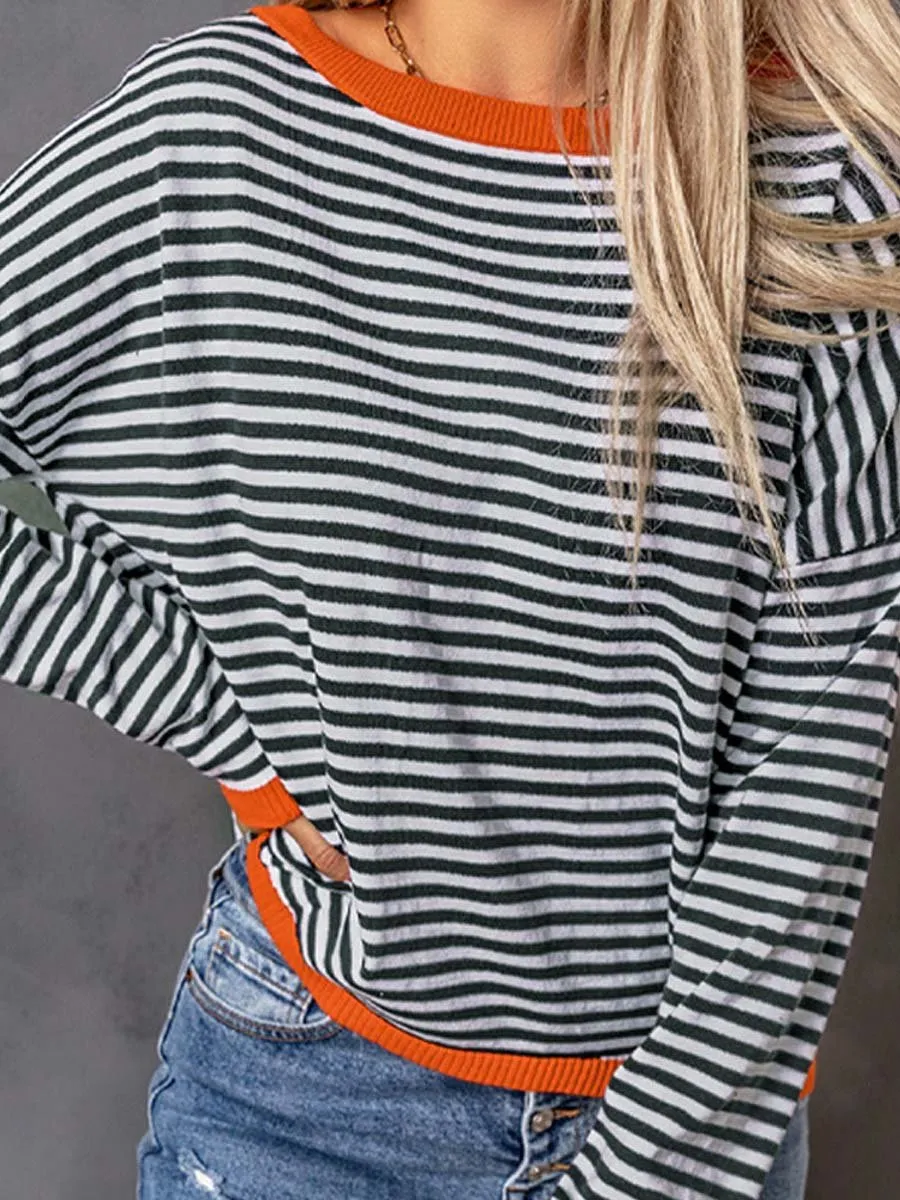 Women's Knitted Sweater with Contrast Stripes and Dropped Shoulders