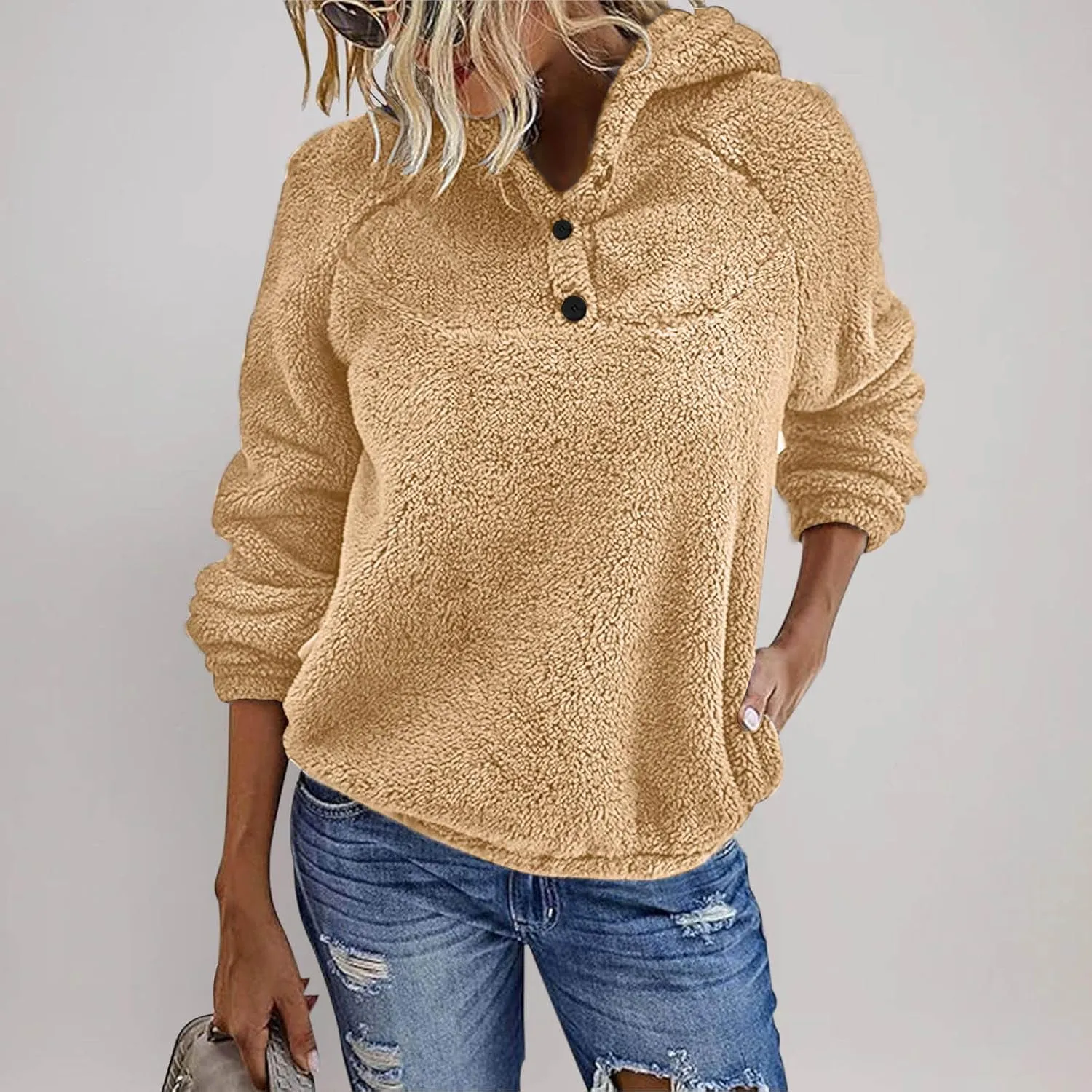 Womens Sherpa Fuzzy Pullover Hoodies Comfy Oversized Sweatshirts With Pockets Button Down Fuzzy Warm Sweaters Tops