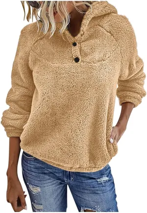 Womens Sherpa Fuzzy Pullover Hoodies Comfy Oversized Sweatshirts With Pockets Button Down Fuzzy Warm Sweaters Tops