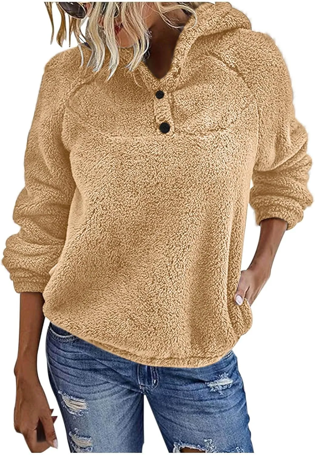 Womens Sherpa Fuzzy Pullover Hoodies Comfy Oversized Sweatshirts With Pockets Button Down Fuzzy Warm Sweaters Tops